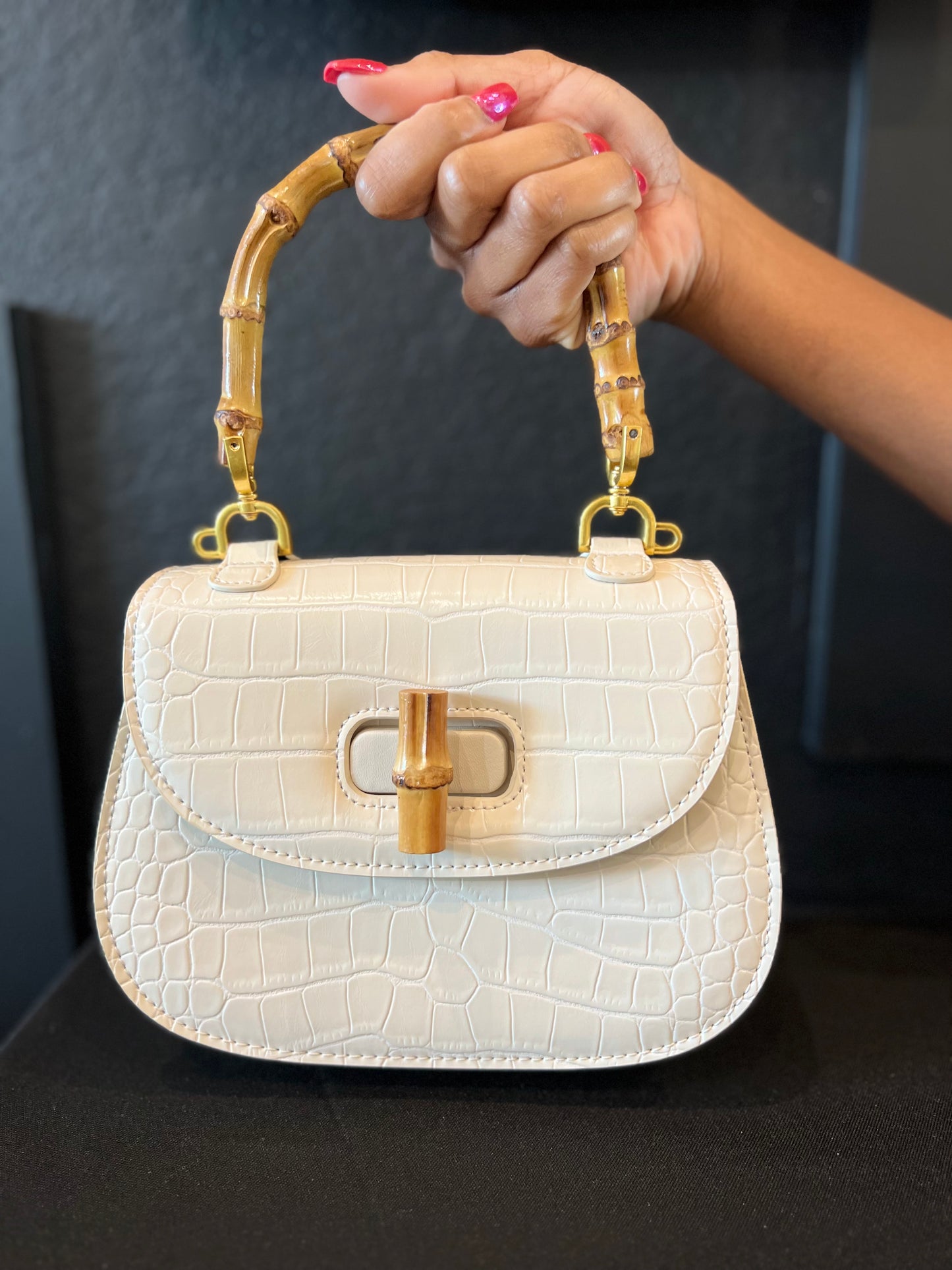 White Crocodile Leather Bamboo Handle Handbag