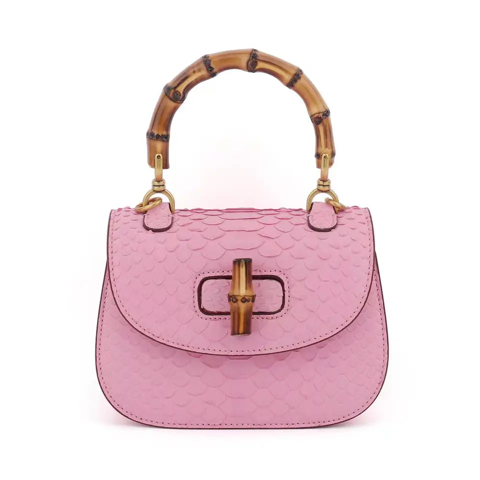 Pink Ostrich Leather Bamboo Handle Handbag - Canvas Tote - Cotton Canvas Material - Waterproof Lining - Leather Accents - Shop Blue Orchid Boutique