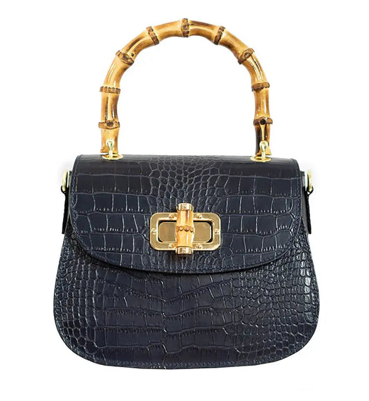 Black Crocodile Leather Bamboo Handle Handbag